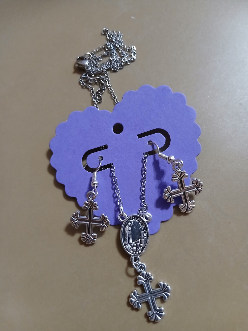 Silver Our Lady Of Fatima Cross Pendant Necklace and Earrings Set - Purple Card